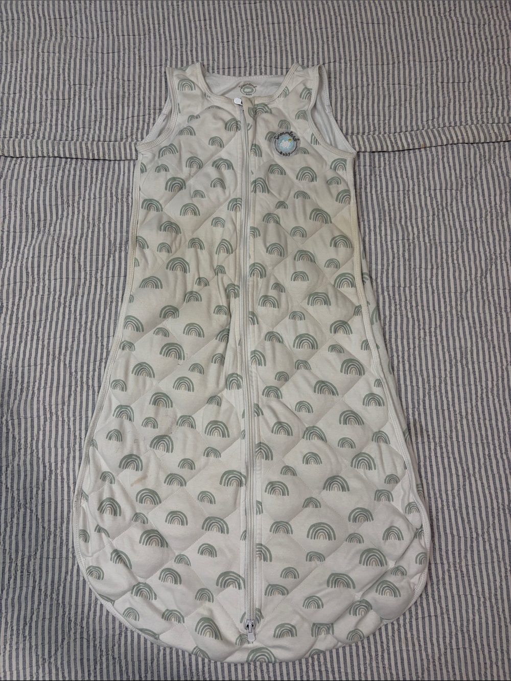 Sleeveless Kids Sleep Sack in White with Sage Rainbow Print